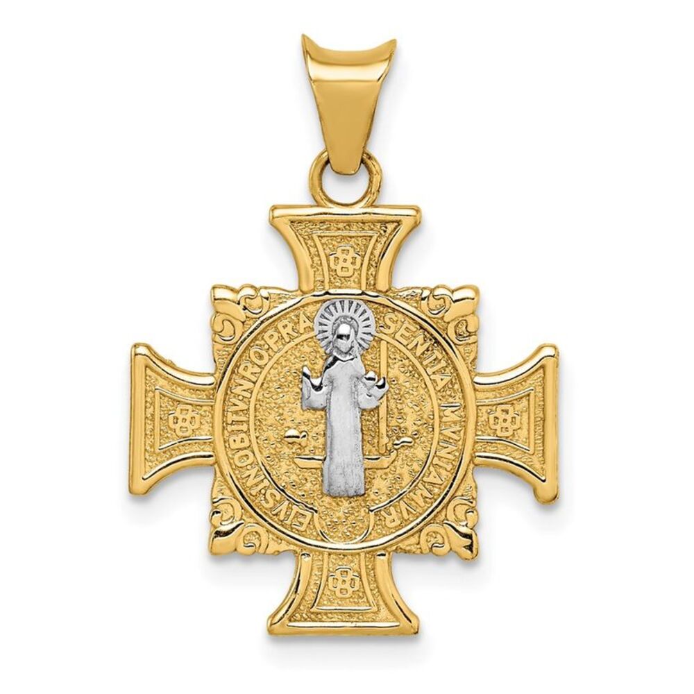14k Yellow Gold & Rhodium Hollow St. Benedict Cross Pendant, 17 x 25mm